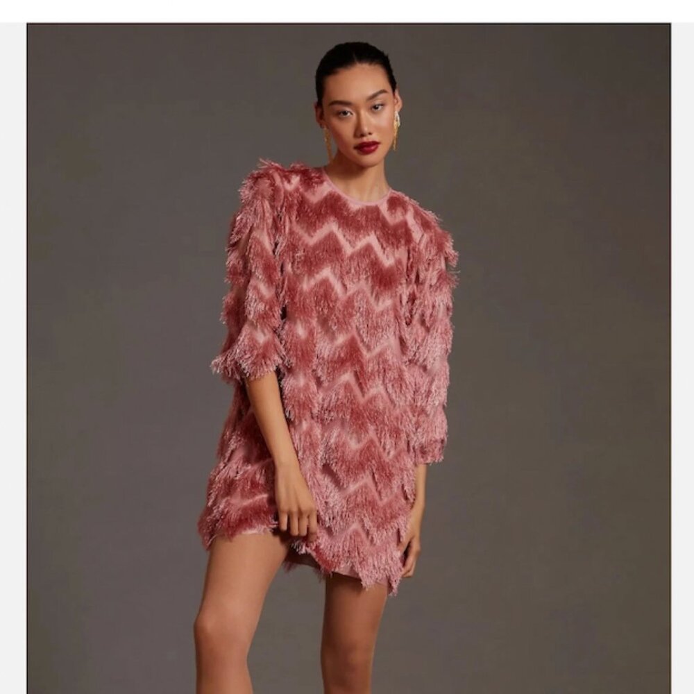 ANTHROPOLOGIE HUTCH FRINGE CHEVRON MINI SHIFT DRESS PINK MEDIUM